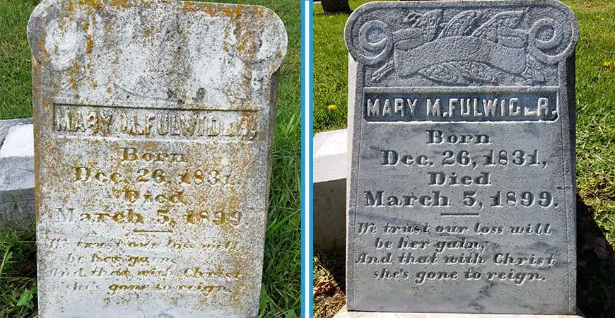 Gravestone before and after professional cleaning by Grave Guardians