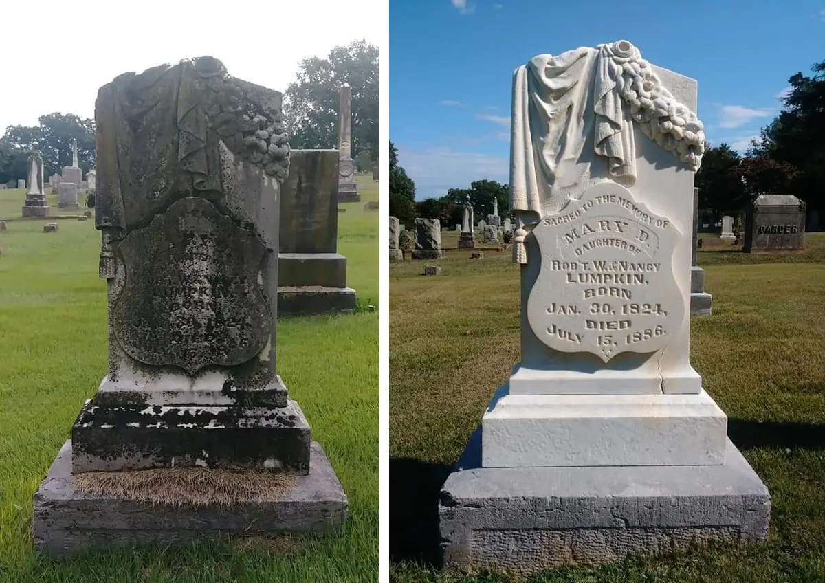 Gravestone cleaning comparison showing dramatic results